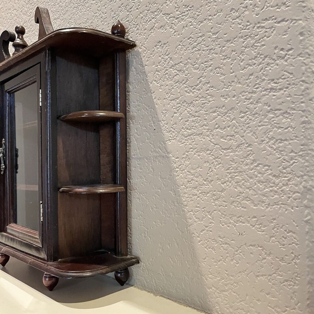 Vintage Small Cabinet Wood 2 Shelves Glass Door Footed Wall Hanging 17" - Picture 7 of 13